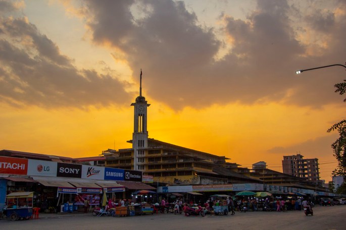 Central markets in Battambang at sunset.